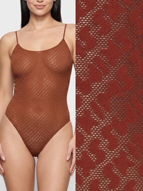 SKIMS Kim Kardashian Logo Mesh Cami Bodysuit Saffron Copper Brown Plus Size 2X